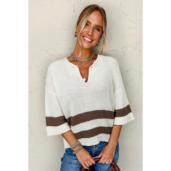 Brown Striped V Neck Cropped Sweater T Shirt - Picture 3 of 4